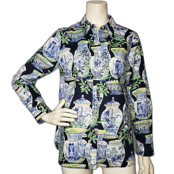 Talbots Tops - TALBOTS Blue Black watercolor Vases Button Up Shirt Womens Size Medium NEW